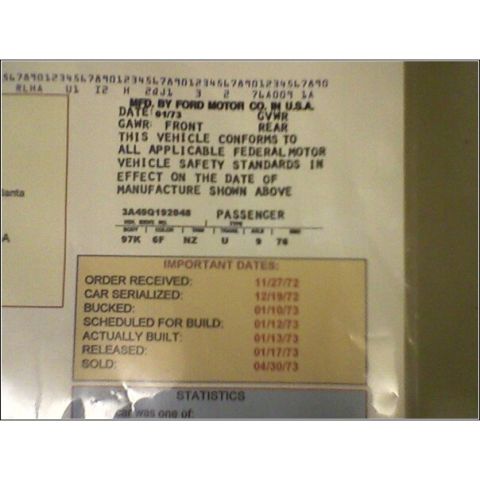 1973 Ford Ranchero - This document shows "DATE: 01/73" and lists "IMPORTANT DATES" for a vehicle'vehicle's manufacture and sale.