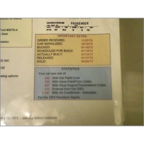 1973 Ford Ranchero - Window sticker details for a 1973 Ranchero Squire, including important dates and production statistics.
