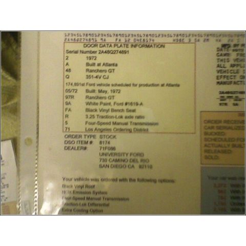 1972 Ford Ranchero - Door data plate lists vehicle information including serial number, build date, and options for a 1972 Ford Ranchero GT.