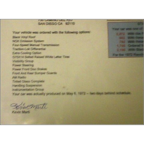 1972 Ford Ranchero - This document details the options ordered for a vehicle, and states it was produced on May 5, 1972.