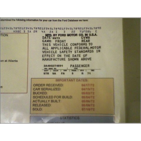 1972 Ford Ranchero - This Ford vehicle data document indicates a 1971 model year, contradicting the registry's claim of a 1972 model.