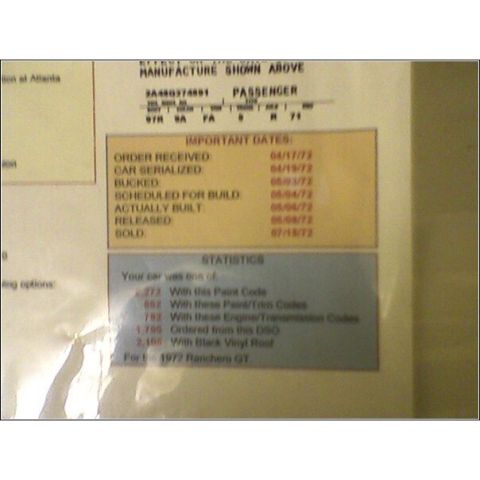 1972 Ford Ranchero - This document details production statistics for a 1972 Ranchero GT, including build dates and paint codes.