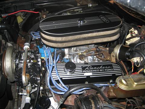 1979 Ford Ranchero - Close-up of a Ford engine, "Ranchero Powered by Ford" valve covers.