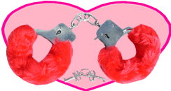 1991 Ford Bronco - A pair of fluffy red handcuffs with a chain and two keys, set against a pink heart background.