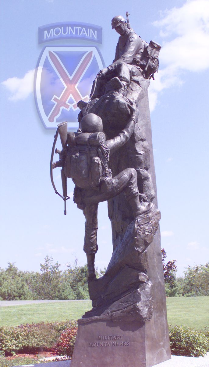 Statue of soldiers climbing with 10th Mountain Division logo
