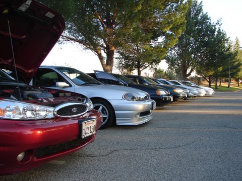 1993 Ford Taurus - Several cars are parked in a line in a lot, with trees in the background. The first car's hood is open.