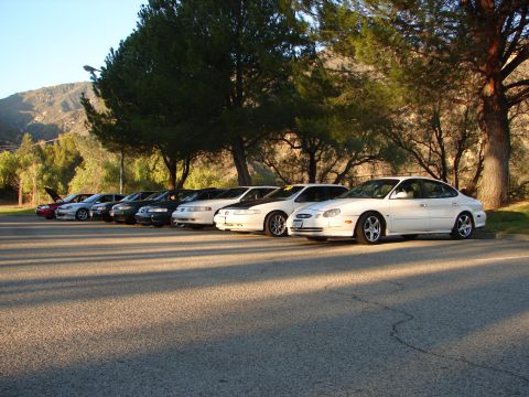 1993 Ford Taurus - A line of sedans are parked in a lot with trees and hills in the background.