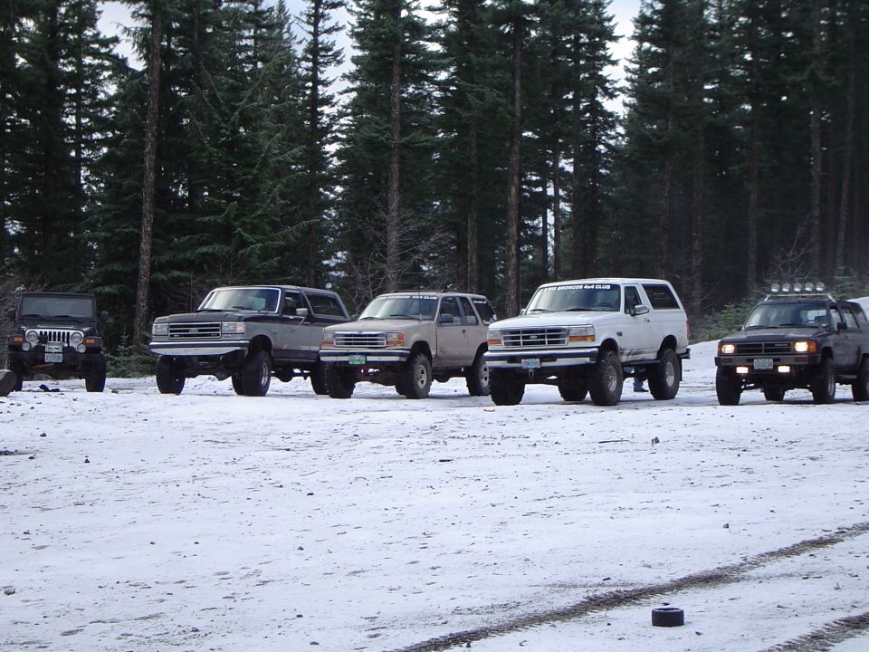 Row of lifted 4x4 trucks and SUVs parked in a snowy forest clearing