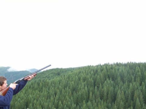 1993 Ford Bronco - A man aims a shotgun towards the sky with a dense forest and misty mountains behind him.