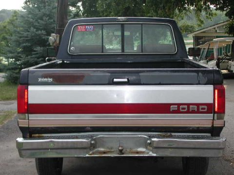 1988 Ford F-150 - The rear of a Ford pickup truck, showing its tailgate with a red and silver stripe and the "FORD" emblem.