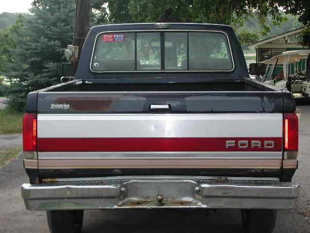 Rear view of a dark blue Ford pickup truck with a red and silver stripe on the tailgate. The word "FORD" is visible