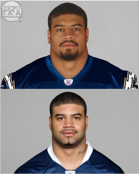 Two football players in blue jerseys against a gray background. The top player has a goatee and mustache. The bottom player has a goatee and a tattoo on his neck