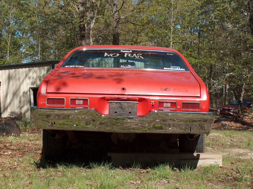 Rear of red coupe with chrome bumper and 'NO FEAR' on rear window, parked in grassy yard