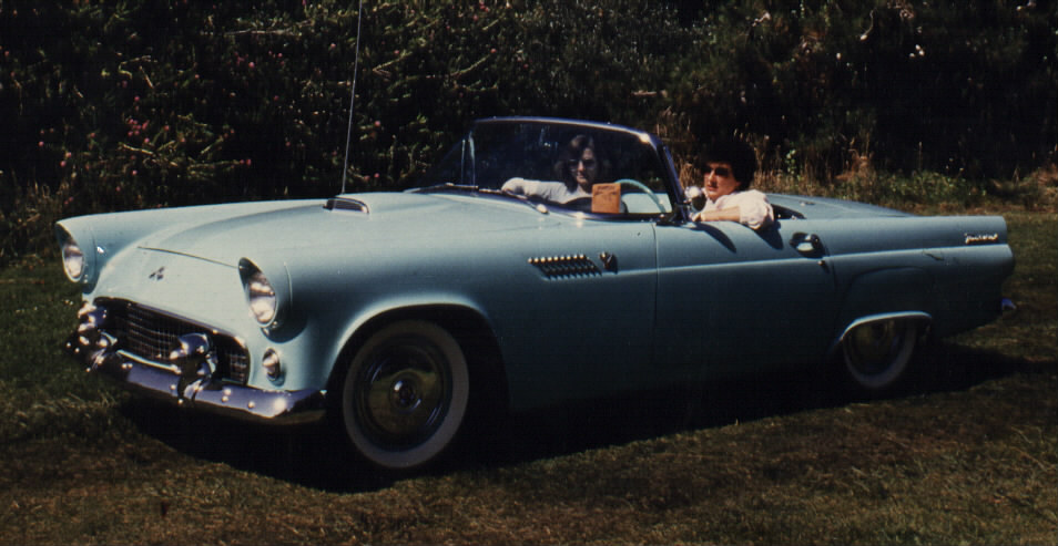 Light blue 1955 Ford Thunderbird convertible, top down, two occupants, parked on grass