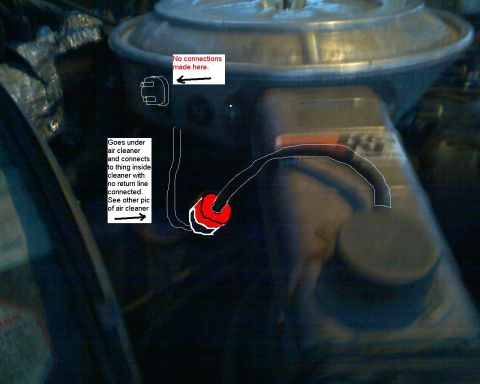 1979 Ford F-150 - Dim engine-bay photo marked up with white diagrams and red text callouts pointing out a vacuum port on a round chrome air cleaner housing a…