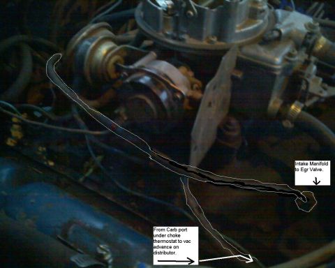 1979 Ford F-150 - Dimly lit close-up of a carbureted V8 engine bay with hand-drawn overlays tracing two vacuum lines from the carburetor area, annotated with…