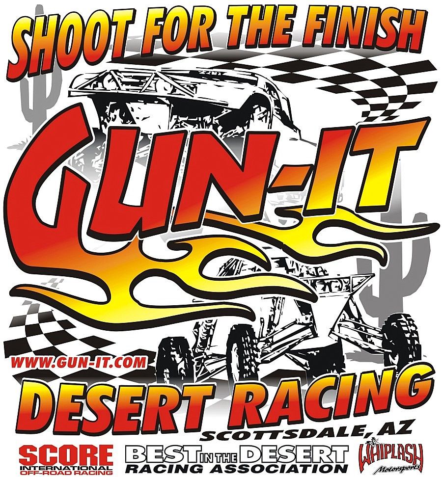 Desert racing graphic with two off-road vehicles and text