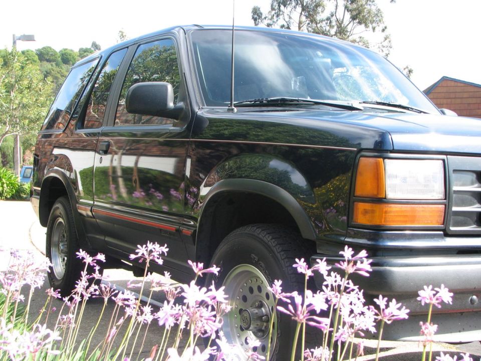Dark 1991 Ford Explorer SUV, front 3/4 view, parked outdoors with flowers in the foreground