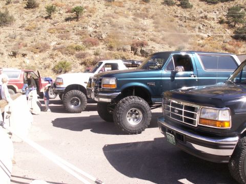 1986 Ford Bronco - Several lifted trucks, including a dark teal Ford Bronco, are parked outdoors on a sunny day.