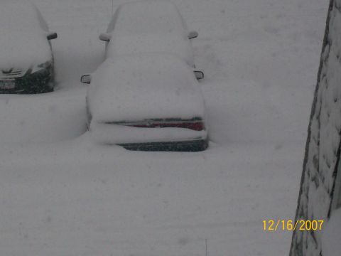 1995 Mercury Grand Marquis - Cars parked outside during a snowstorm, with one vehicle's taillights partially visible.