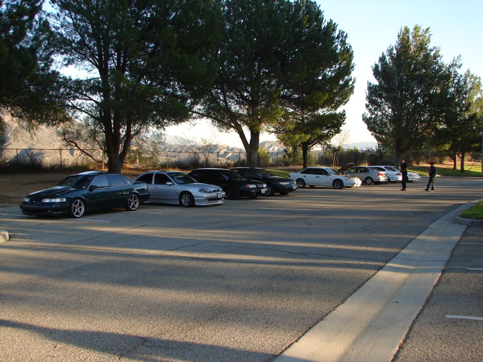 Parking lot scene with several cars parked under trees, two people standing near the cars