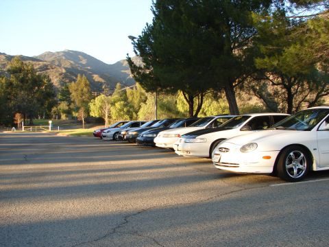 1992 Ford Taurus - A line of cars, including a white 1996 Ford Taurus with a black hood, are parked in a lot with mountains in the background.