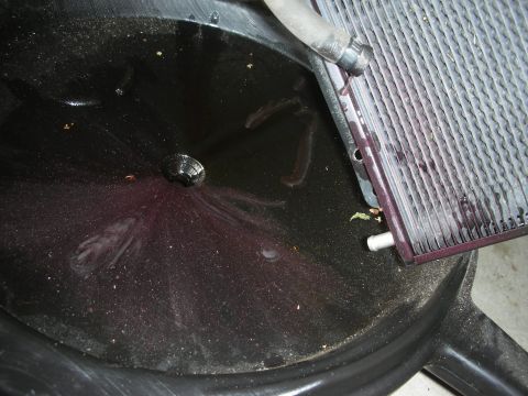 1992 Ford Crown Victoria - Draining transmission fluid into a pan next to a radiator.