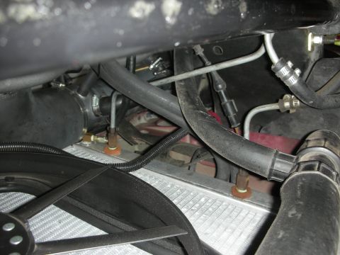 1992 Ford Crown Victoria - A view of various engine components including hoses, a fan, and part of a radiator.