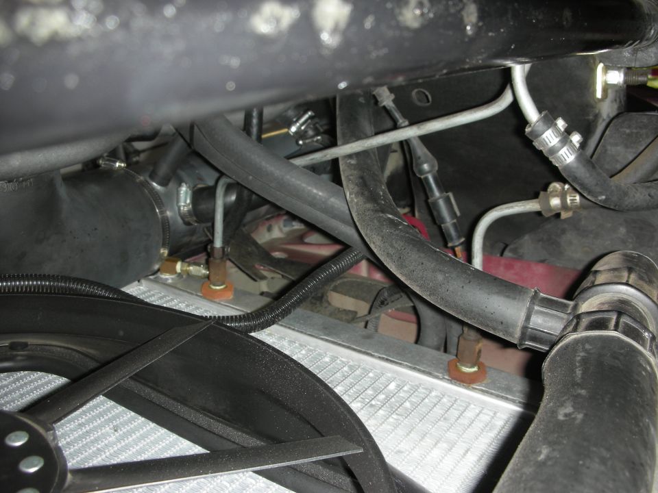 Close-up of engine bay hoses, fan, and radiator. Some metal tubing and black plastic components are visible