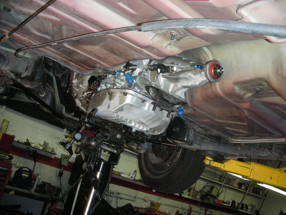 Underbody view of a transmission and drivetrain components