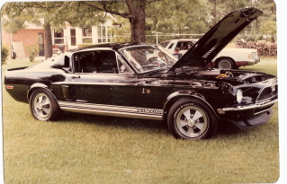 1968 Shelby GT500 - A black 1968 Shelby GT500 is displayed outdoors with its hood open, revealing the engine compartment.