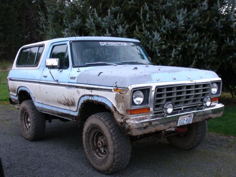 1978 Ford Bronco - Mud-covered 1978 Ford Bronco parked outdoors with trees in the background.