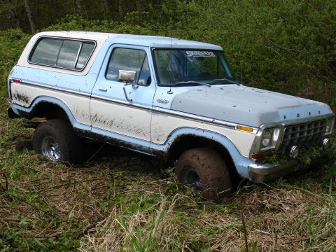 1978 Ford Bronco - This light blue and white 1978 Ford Bronco is stuck in a muddy area with trees in the background.