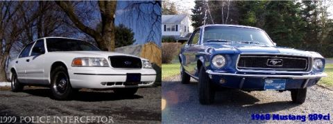 1999 Ford Crown Victoria - Split image shows a white 1999 Ford Crown Victoria and a blue 1968 Ford Mustang parked outdoors.