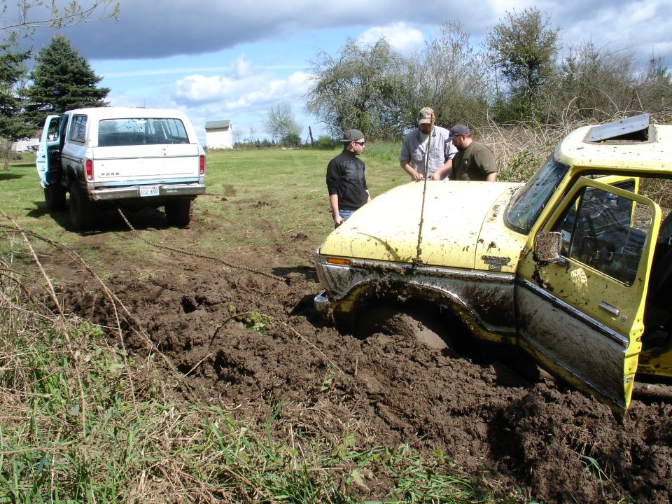 Yellow Ford truck stuck in mud, white Ford truck nearby with a chain attached