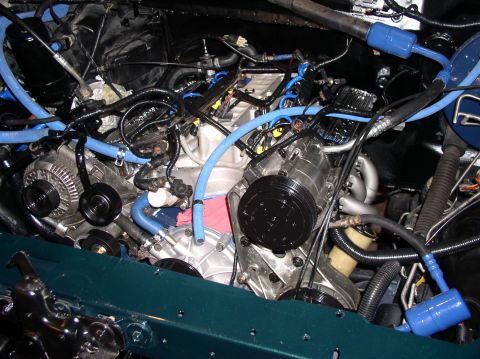 1993 Ford Bronco - Engine bay with blue hoses and chrome accents. The registry label may be wrong.