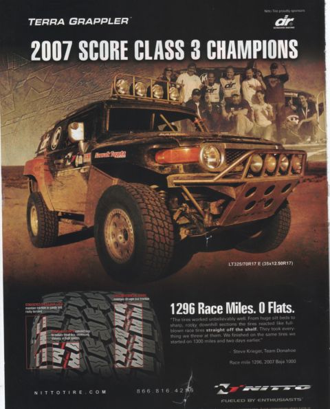 1990 Ford Bronco - Nitto Terra Grappler magazine ad headlined 2007 SCORE Class 3 Champions, showing a red off-road race truck on dirt.