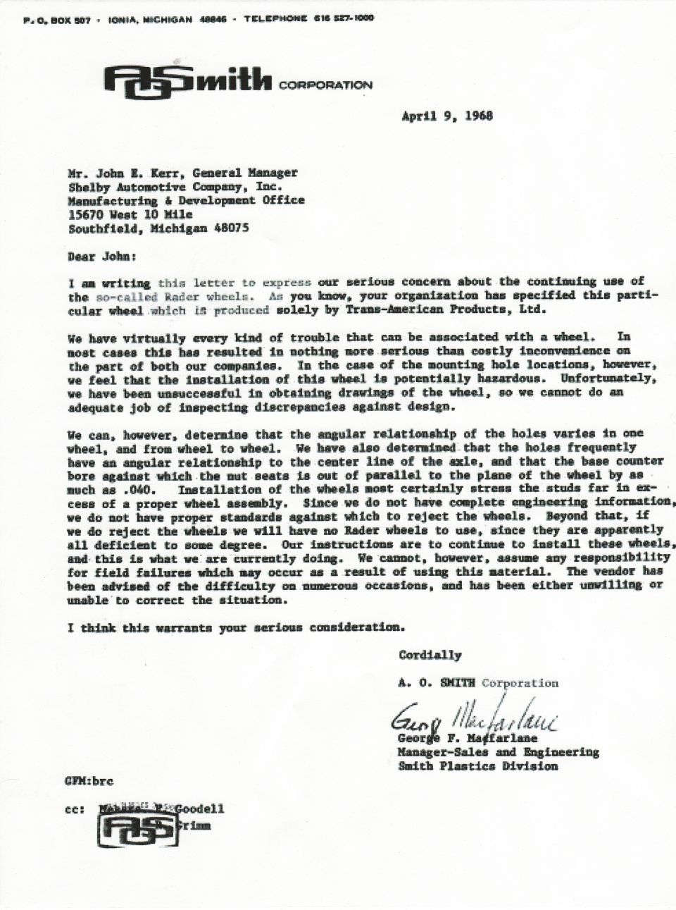 Rader wheels letter to John Kerr