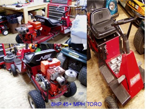 1999 Ford Crown Victoria - Several riding lawn mowers are visible in a garage or workshop area.