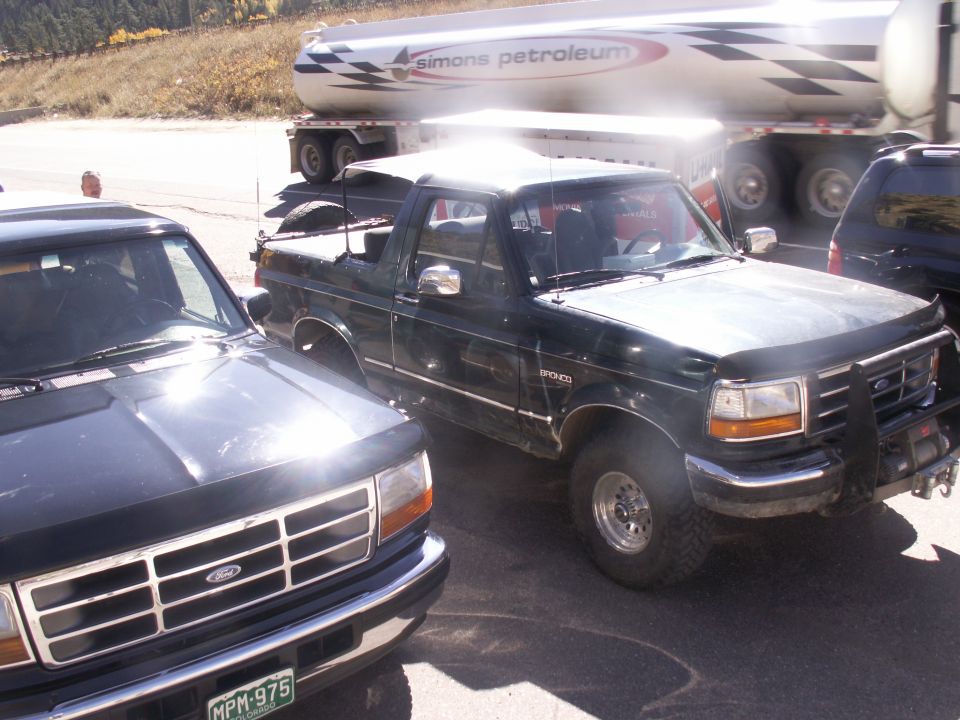 Black Ford Bronco with bull bar, 3q-front view