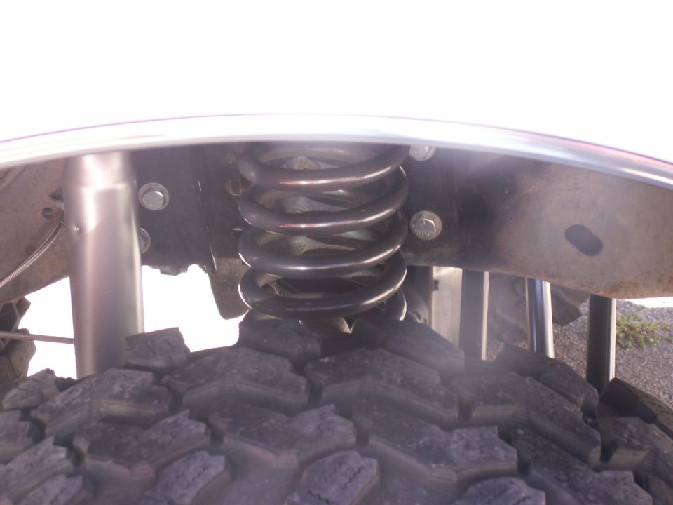 Close-up of a vehicle's coil spring, shock absorber, and tire tread