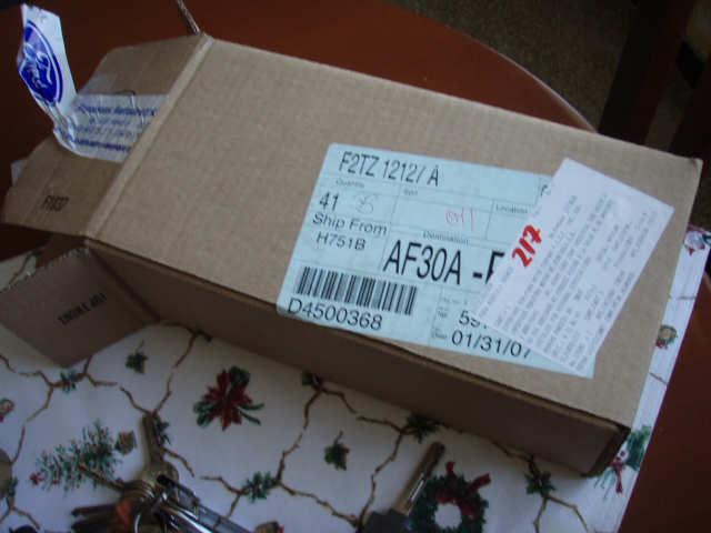 Ford Motorcraft parts box on a table showing part number labels