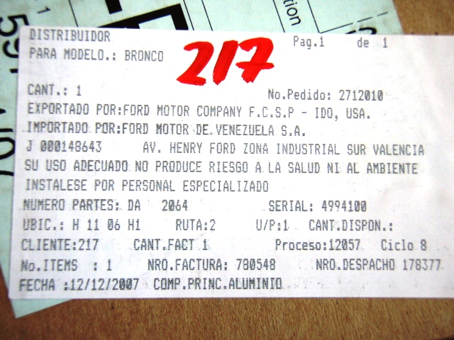 Spanish-language Ford distributor parts label for Bronco model
