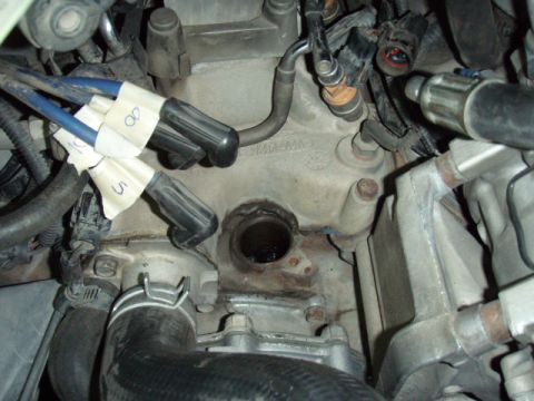 1995 Ford F-150 - Close-up of an engine component with spark plug wires labeled 5, 8, and 10.