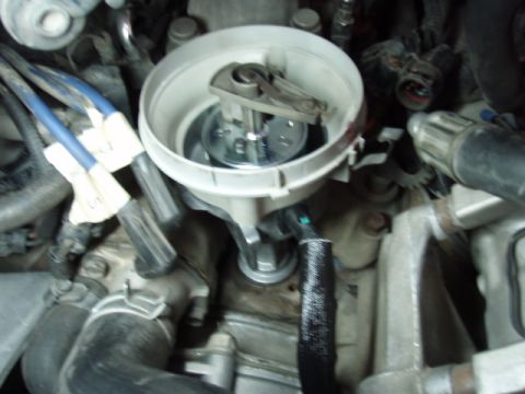 1995 Ford F-150 - Close-up of a vehicle's ignition distributor, with the cap off to expose the rotor.