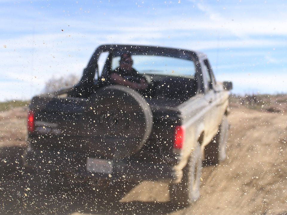 Canuck in a Bronco, camera focused on the dirty windshield.....