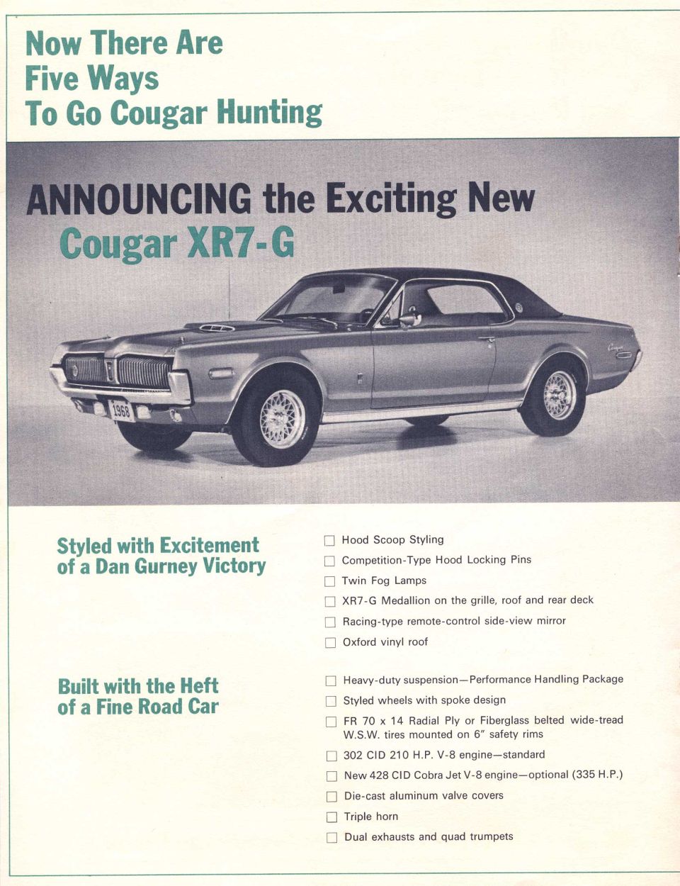 Vintage Mercury Cougar XR7-G advertising flyer with car image