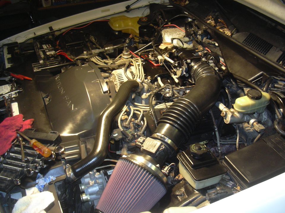 Red cone air filter and black intake tube installed on a Ford V8 engine bay