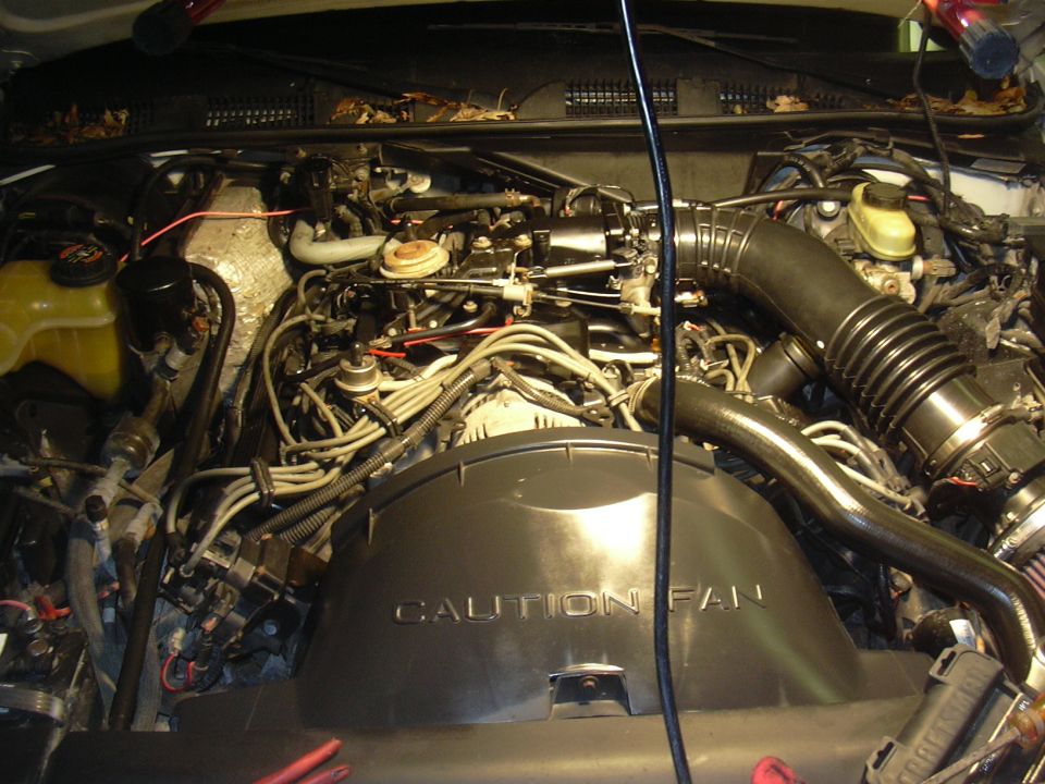 Engine bay with hoses, wires, and a fan shroud that says 'CAUTION FAN'