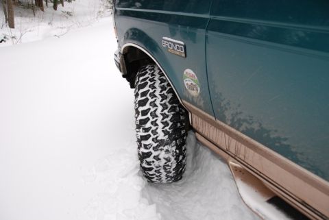 1996 Ford Bronco - A teal 1996 Ford Bronco with a "Bronco" badge is partially submerged in snow, with its tire visible.